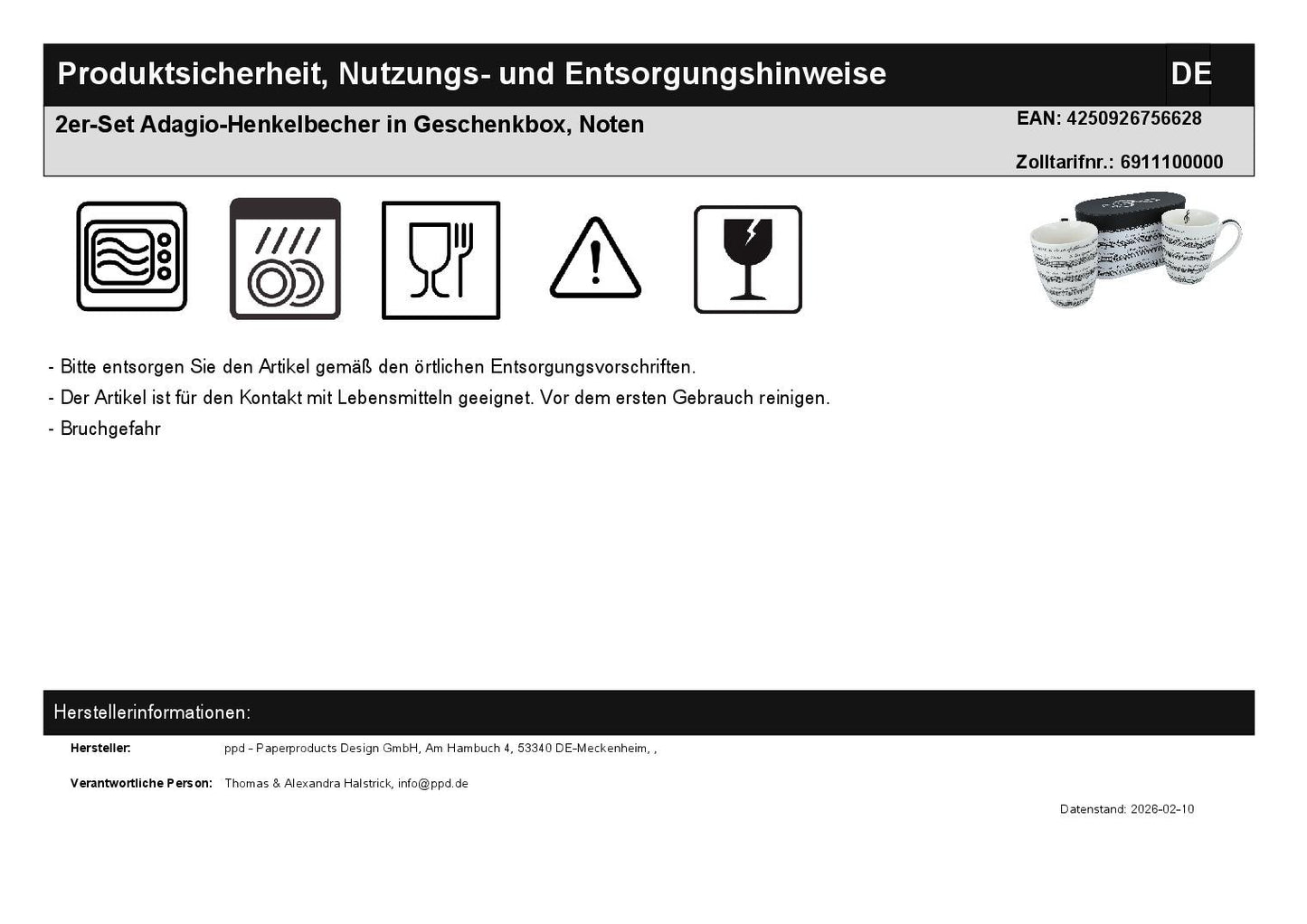 Set of 2 Adagio mugs in gift box, sheet music