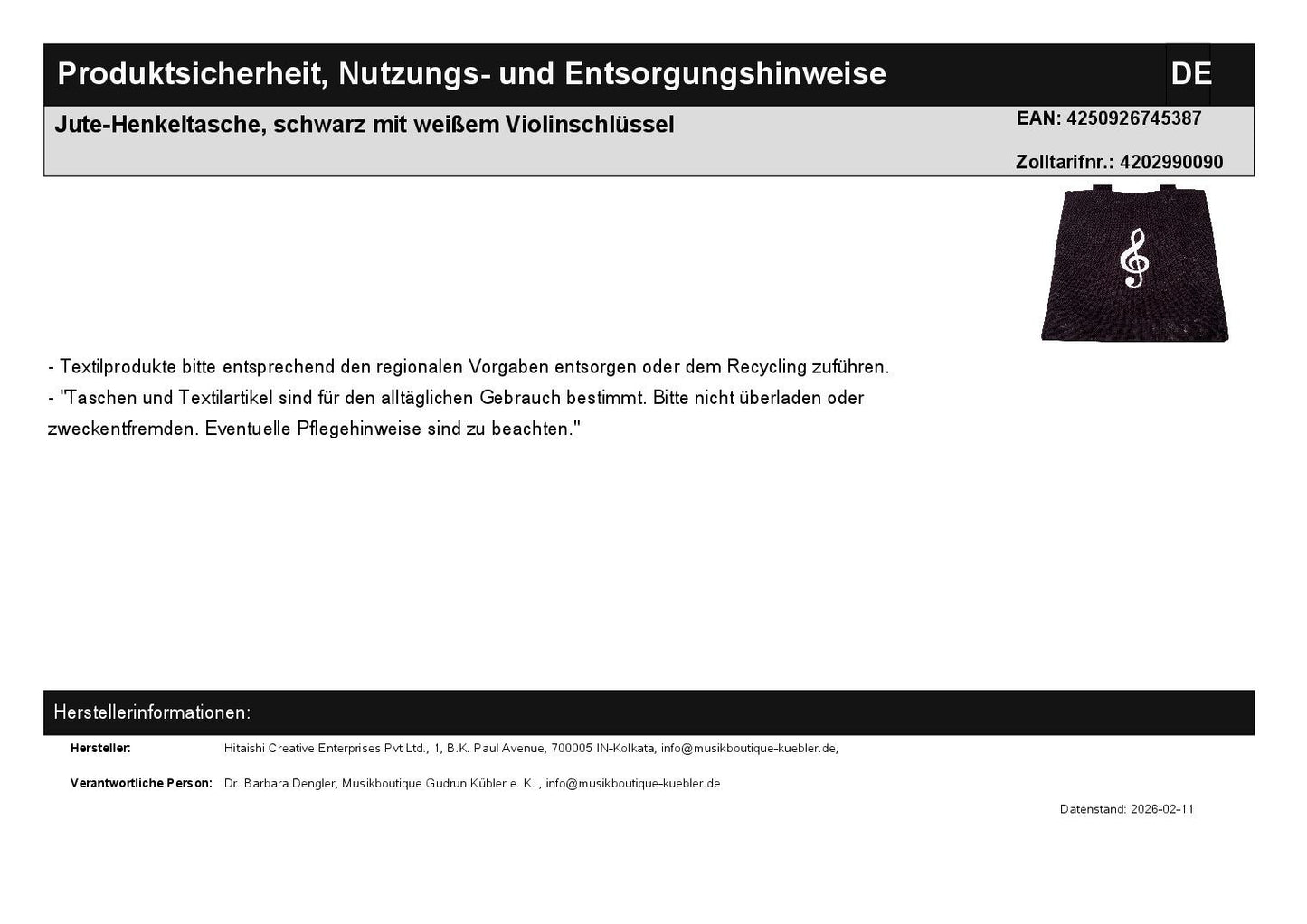 Jute-Henkeltasche, schwarz mit weißem Violinschlüssel