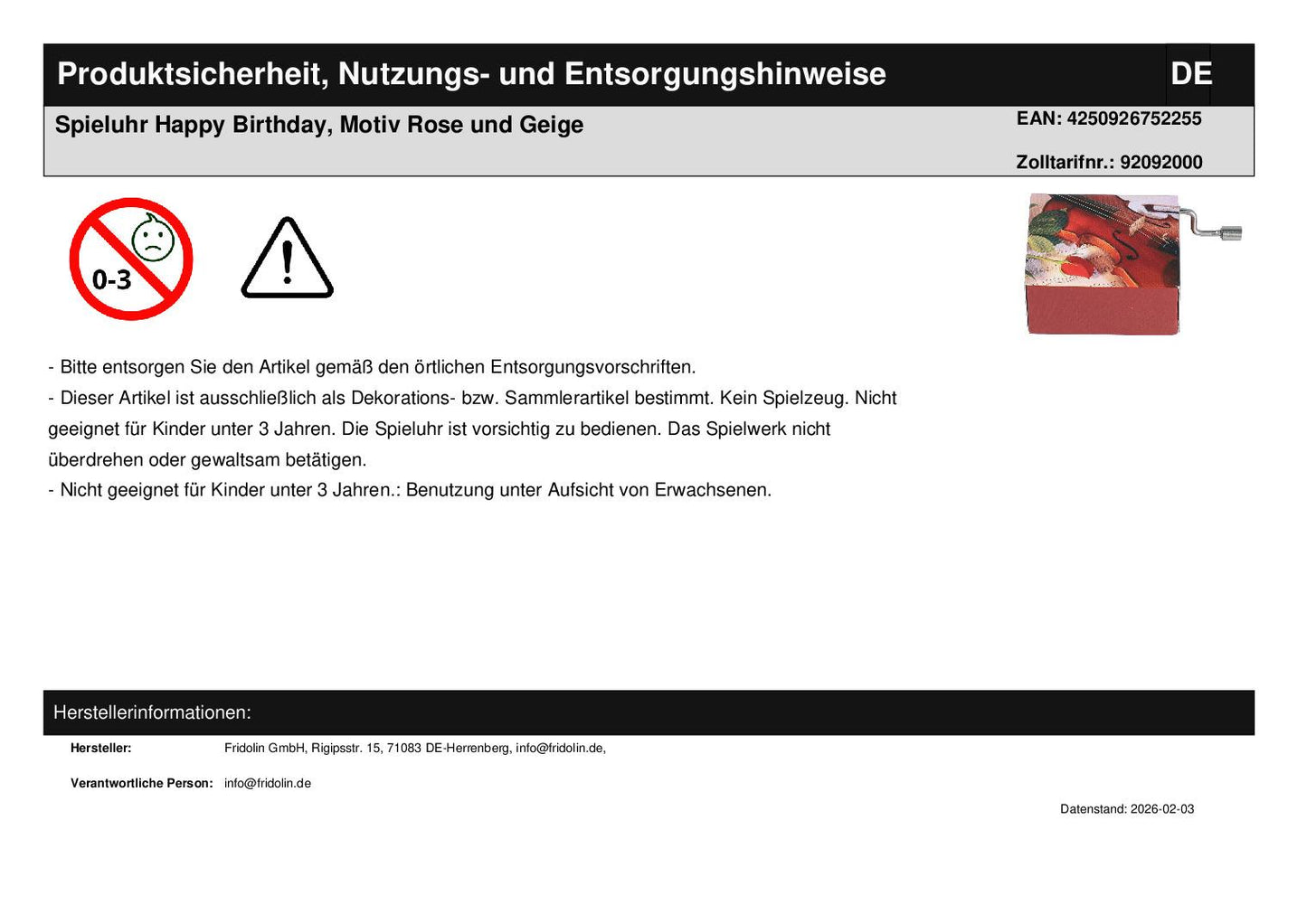 Happy Birthday music box, rose and violin motif