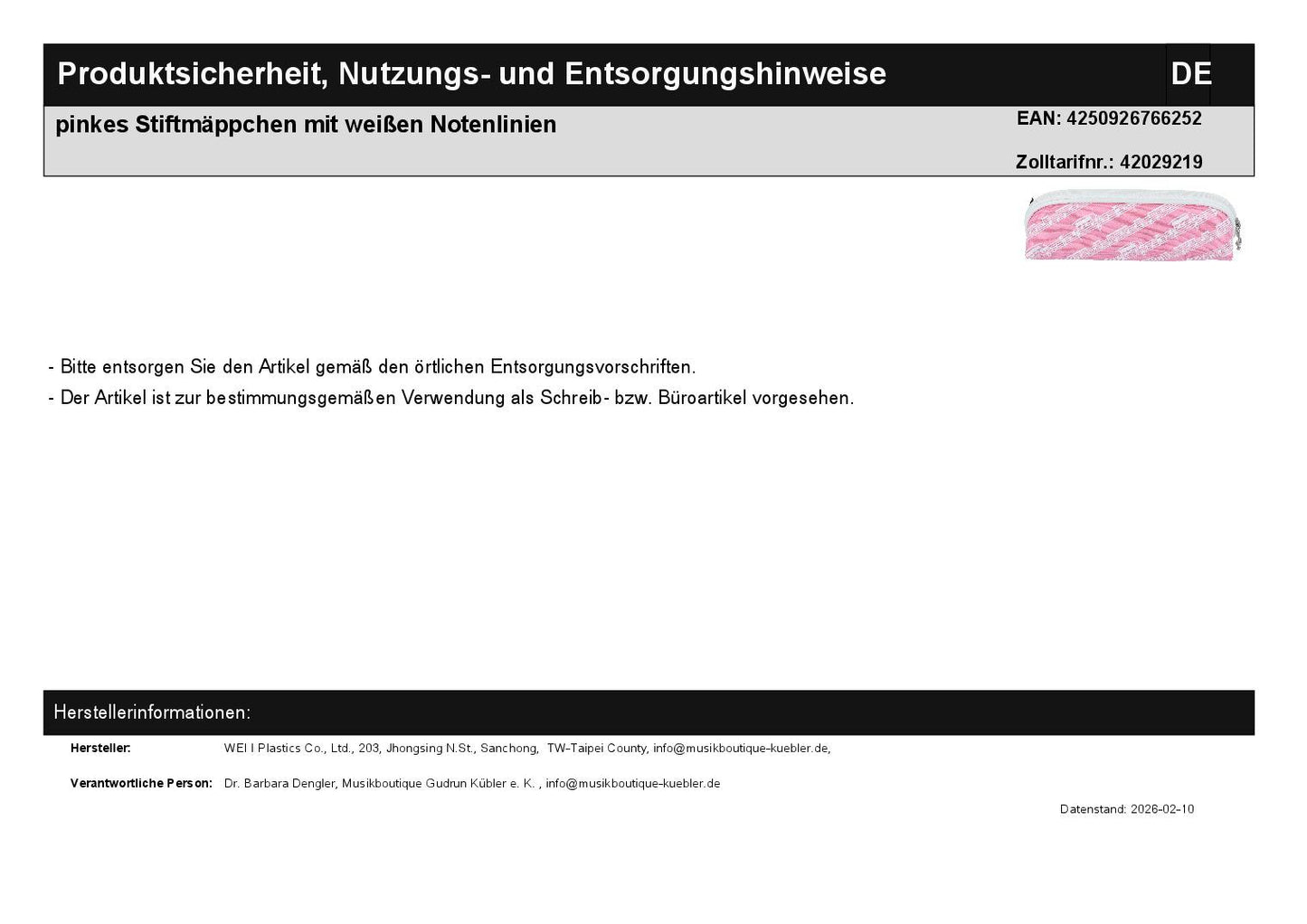 pinkes Stiftmäppchen mit weißen Notenlinien
