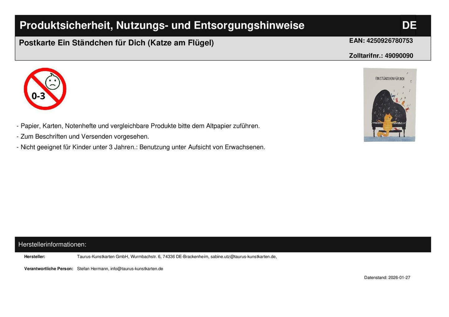 Postcard A Serenade for You (Cat at the Piano)