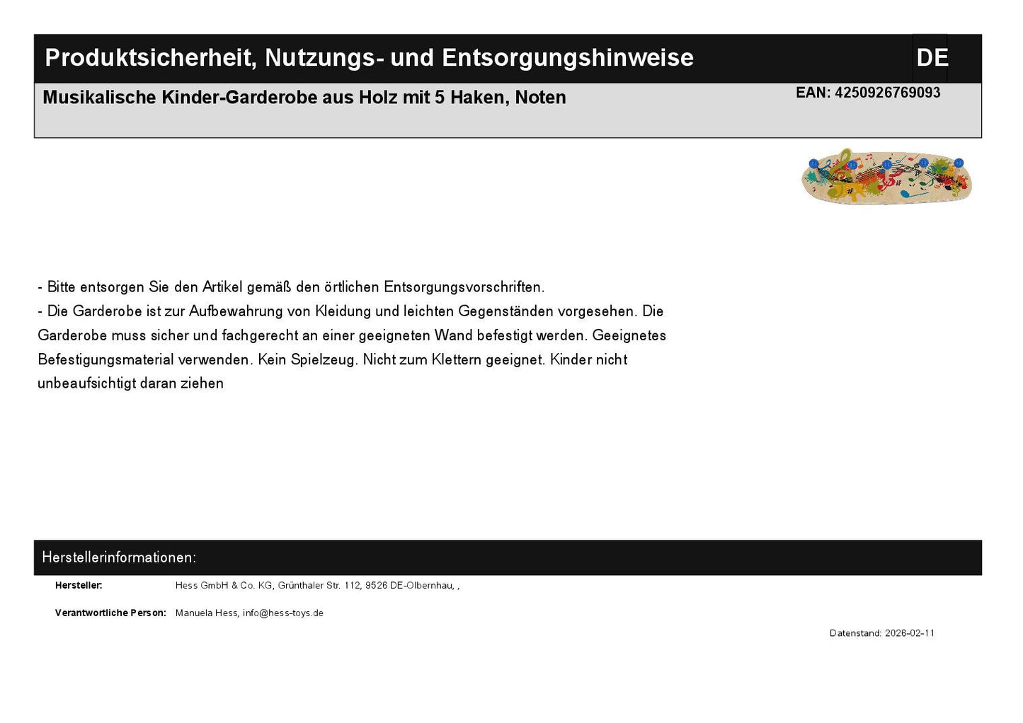 Musical children's wooden coat rack with 5 hooks, sheet music