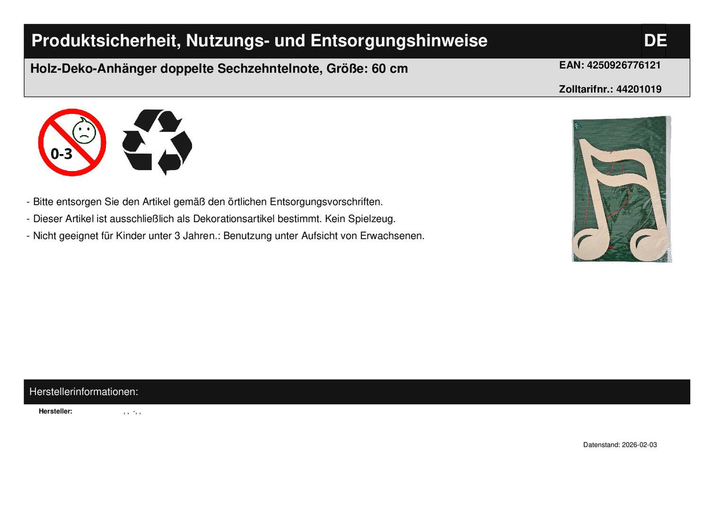 Wooden decoration pendant double sixteenth note, size: 60 cm