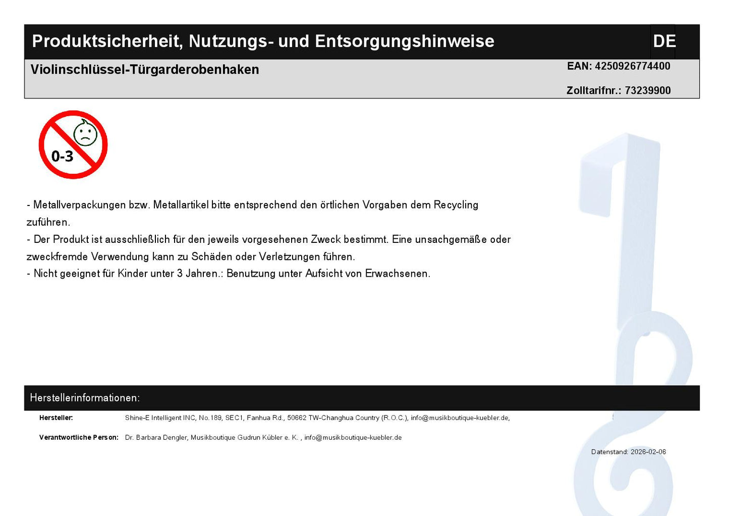 Violinschlüssel-Türgarderobenhaken