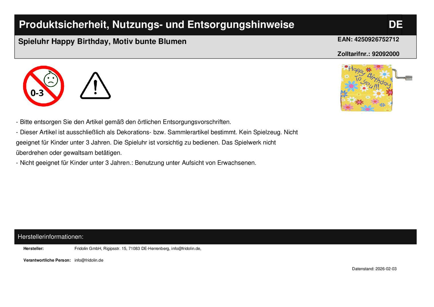 Spieluhr Happy Birthday, Motiv bunte Blumen