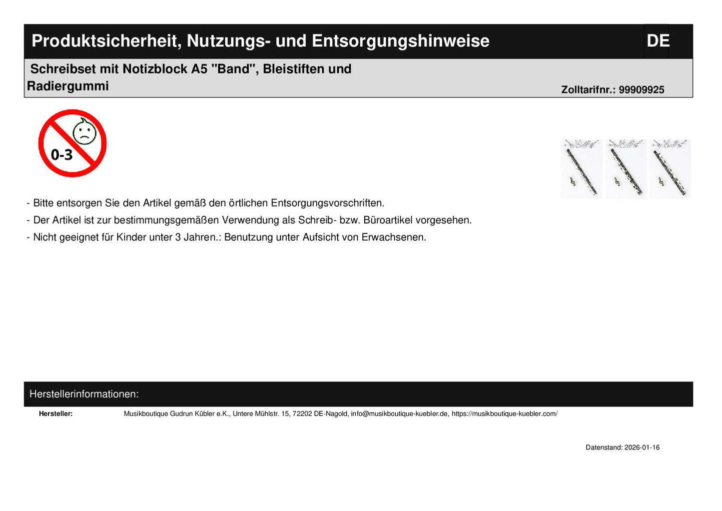 Schreibset mit Notizblock A5 "Band", Bleistiften und Radiergummi