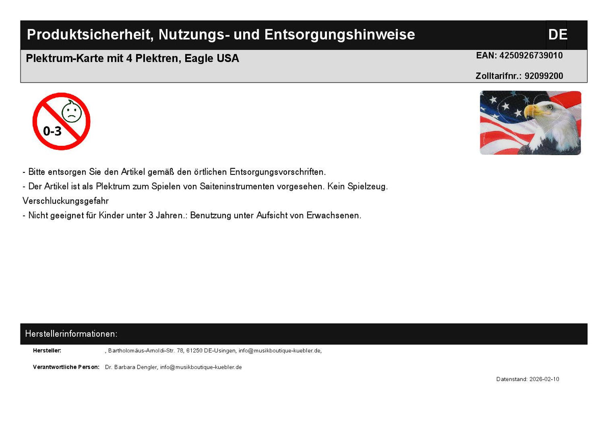 Plektrum-Karte mit 4 Plektren, Eagle USA