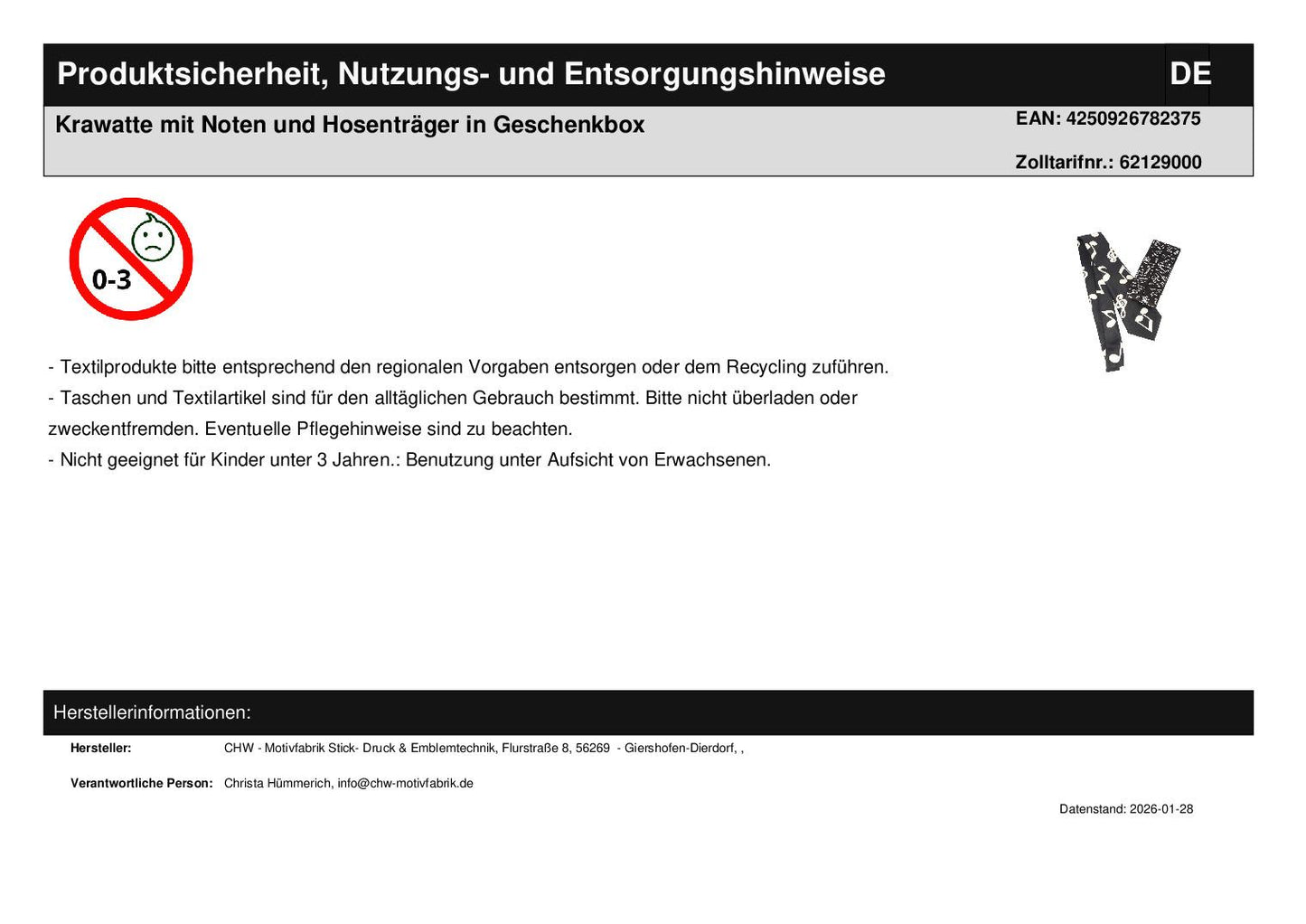 Krawatte mit Noten und Hosenträger in Geschenkbox
