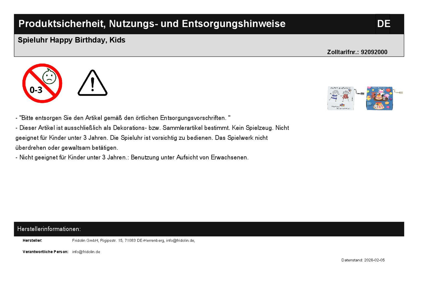 Spieluhr Happy Birthday, Kids