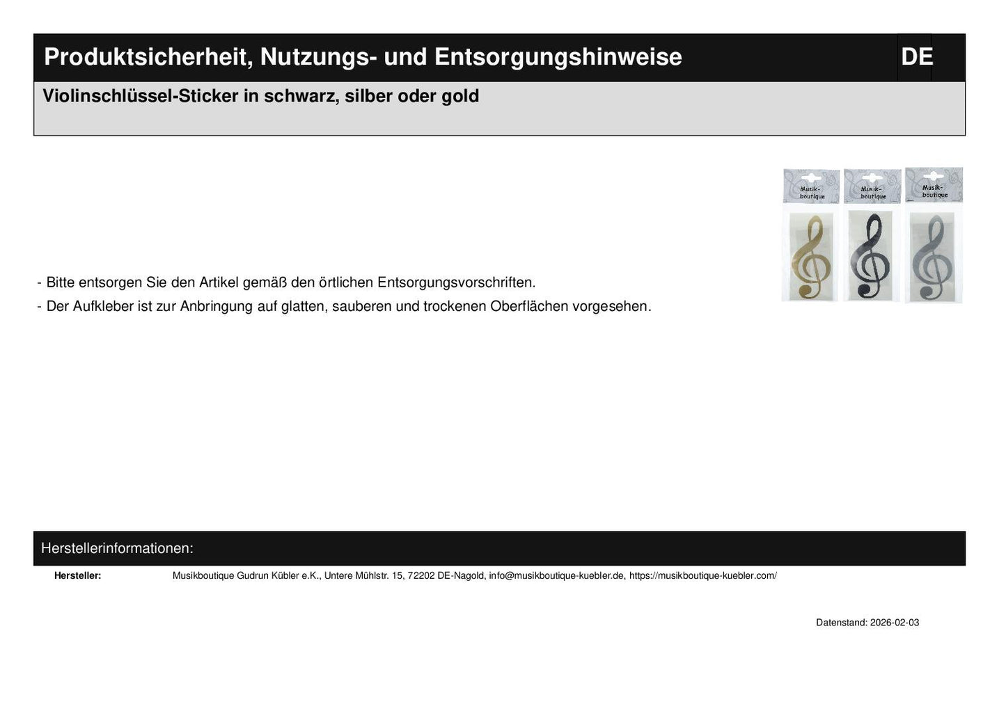 Violinschlüssel-Sticker in schwarz, silber oder gold