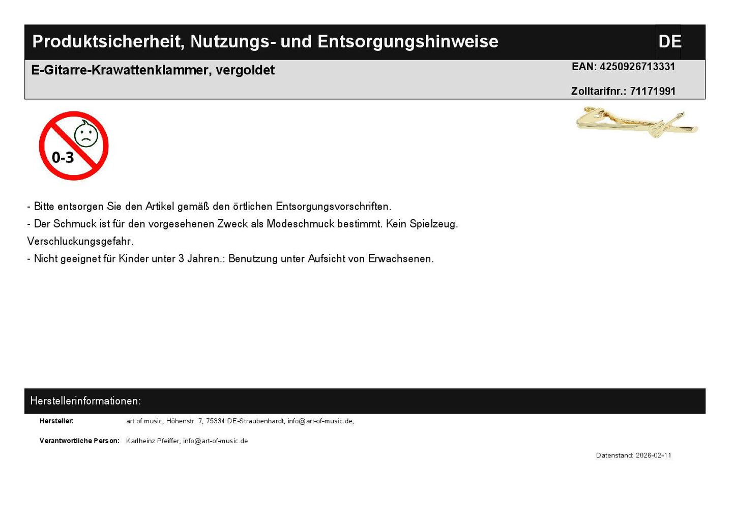 electric guitar tie clip, gold-plated