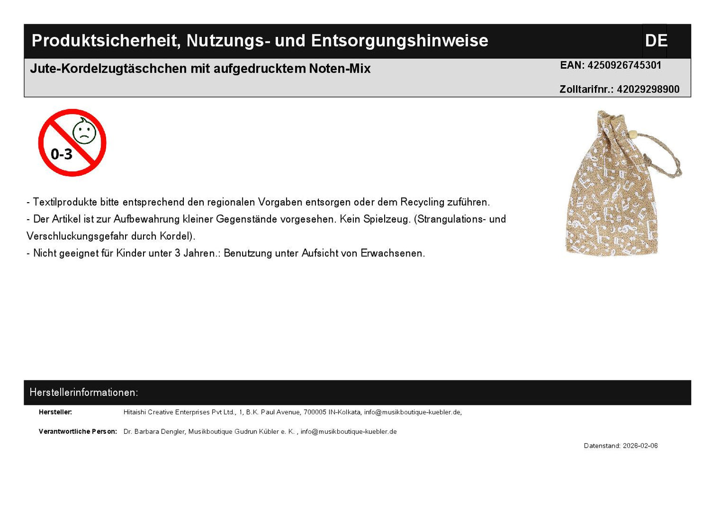 Jute-Kordelzugtäschchen mit aufgedrucktem Noten-Mix