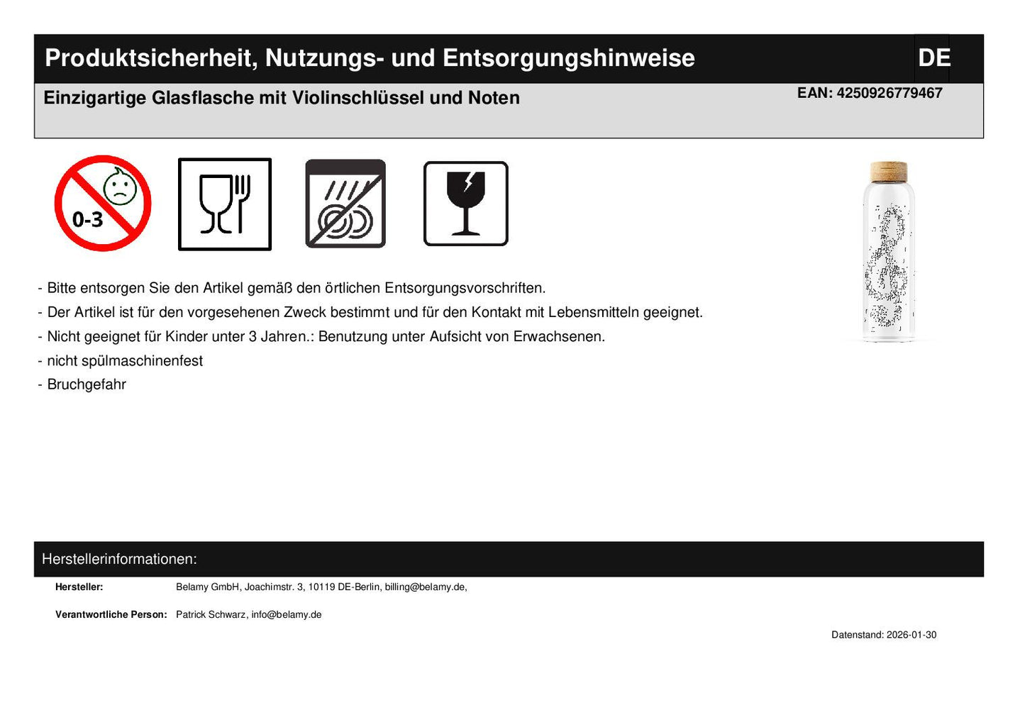 Einzigartige Glasflasche mit Violinschlüssel und Noten