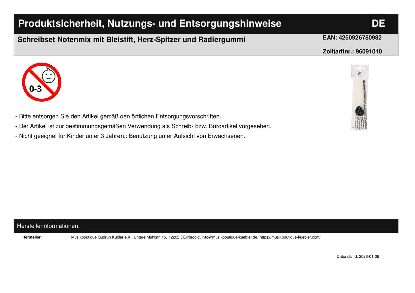 Schreibset Notenmix mit Bleistift, Herz-Spitzer und Radiergummi