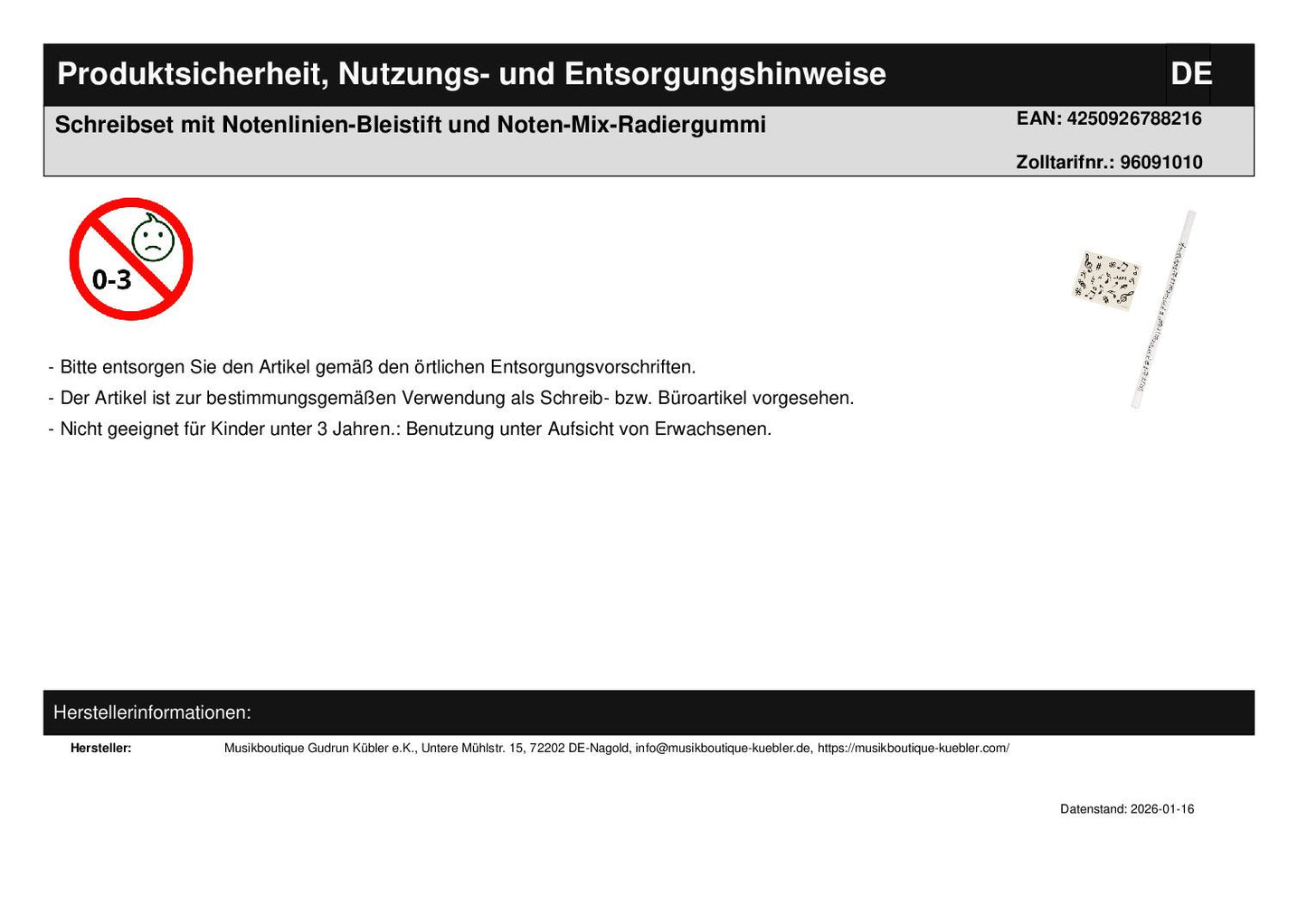 Schreibset mit Notenlinien-Bleistift und Noten-Mix-Radiergummi