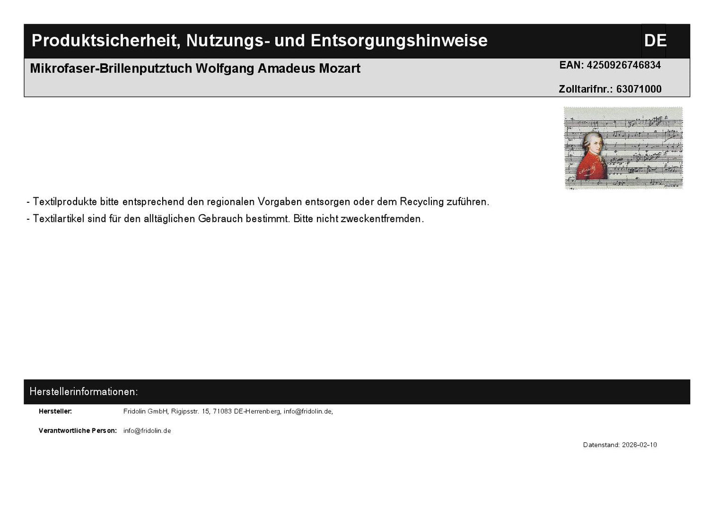 Mikrofaser-Brillenputztuch Wolfgang Amadeus Mozart