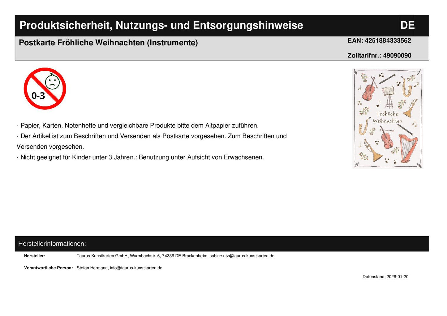 Postkarte Fröhliche Weihnachten (Instrumente)