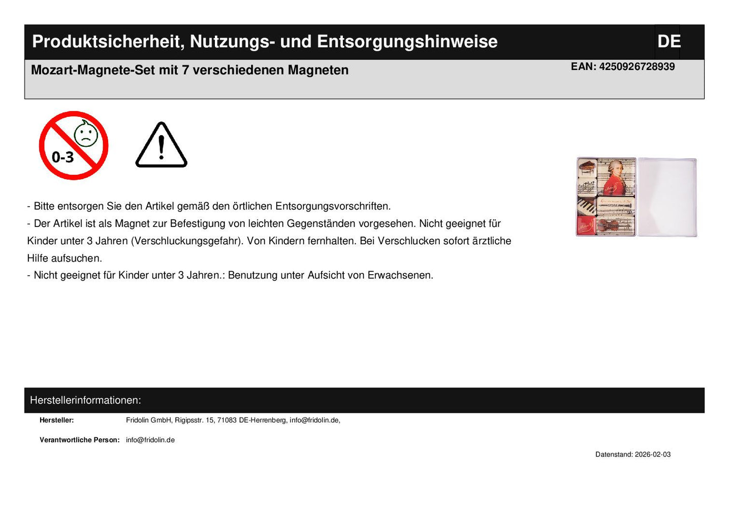 Mozart magnet set with 7 different magnets