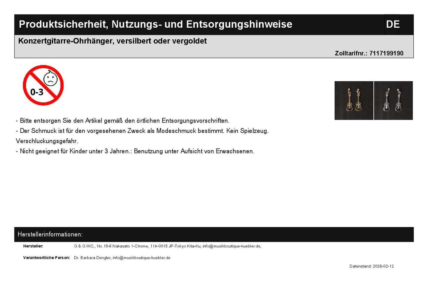 Konzertgitarre-Ohrhänger, versilbert oder vergoldet