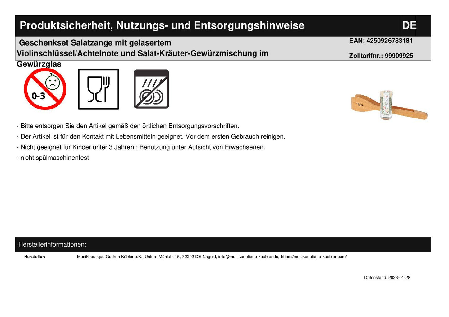 Geschenkset Salatzange mit gelasertem Violinschlüssel/Achtelnote und Salat-Kräuter-Gewürzmischung im Gewürzglas
