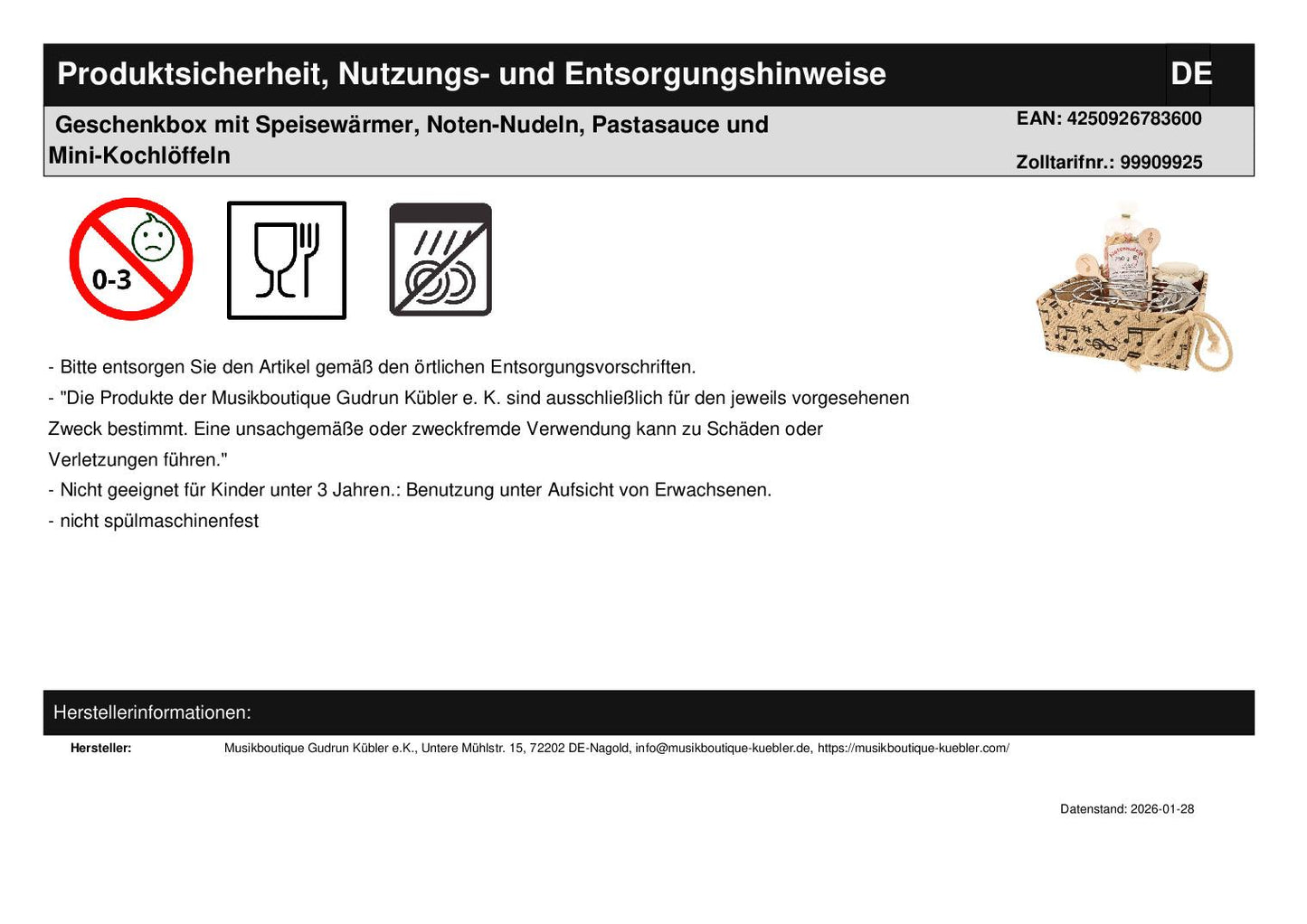 Gift box with food warmer, musical noodles, pasta sauce and mini cooking spoons