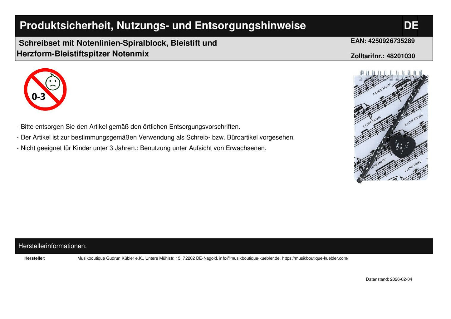 Writing set with music line spiral notebook, pencil and heart-shaped pencil sharpener Note mix