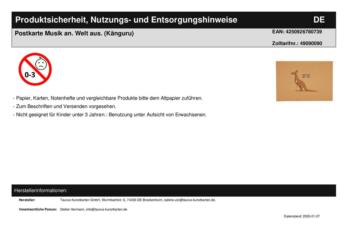 Postkarte Musik an. Welt aus. (Känguru)
