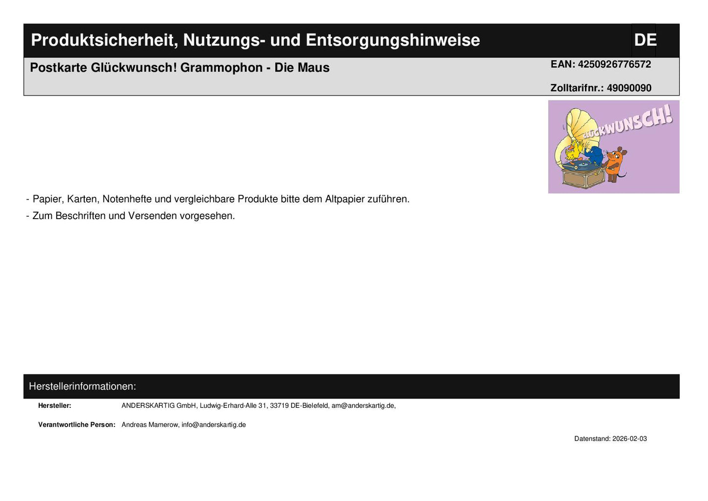 Postkarte Glückwunsch! Grammophon - Die Maus