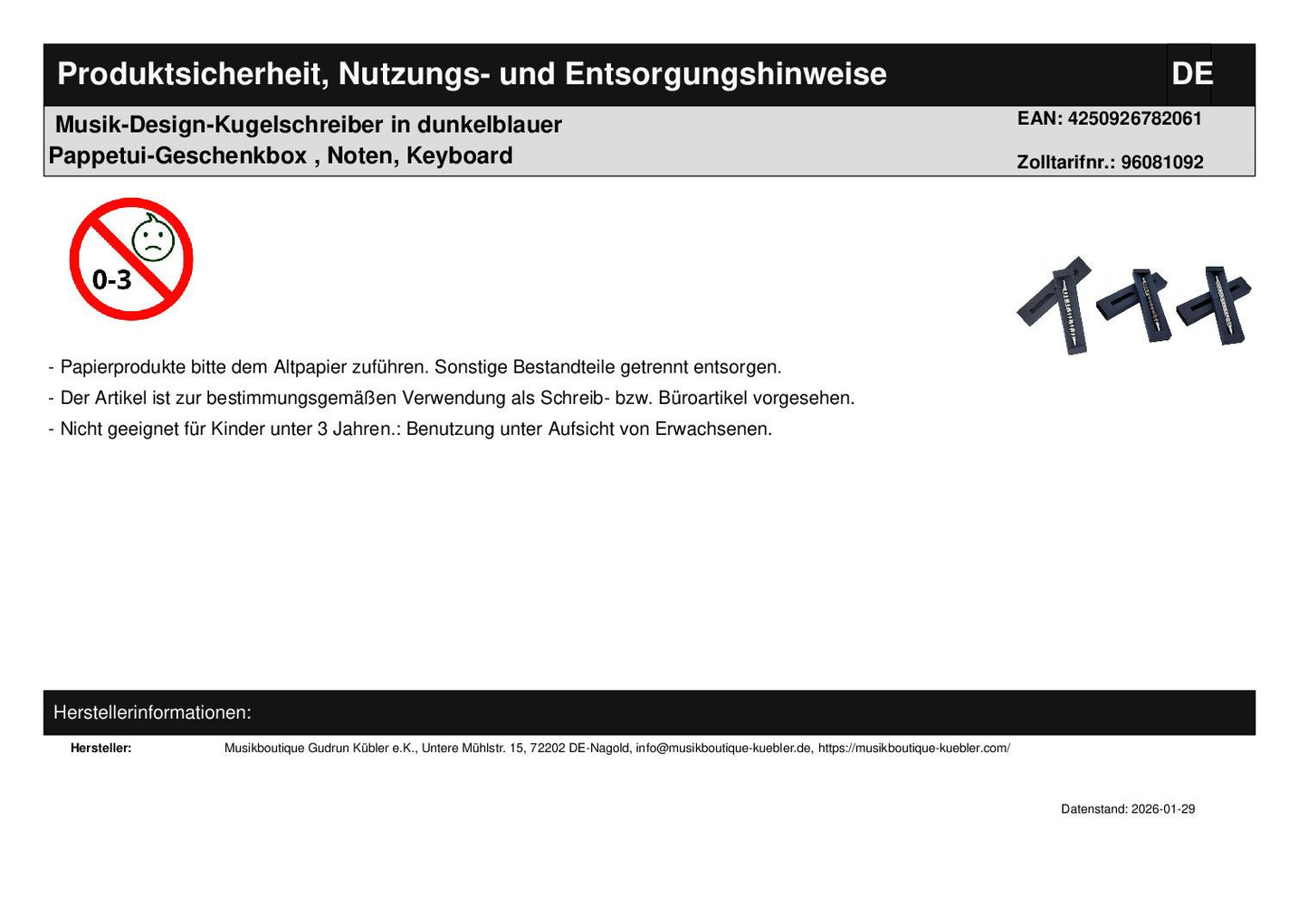 Musik-Design-Kugelschreiber in dunkelblauer Pappetui-Geschenkbox , Noten, Keyboard