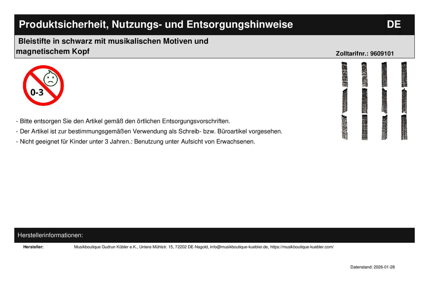 Bleistifte in schwarz mit musikalischen Motiven und magnetischem Kopf