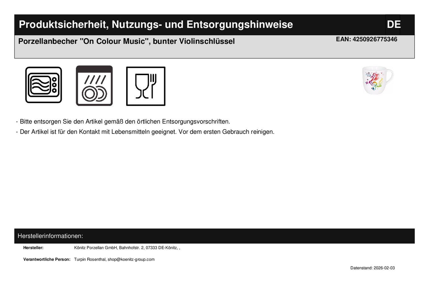 Porzellanbecher "On Colour Music", bunter Violinschlüssel