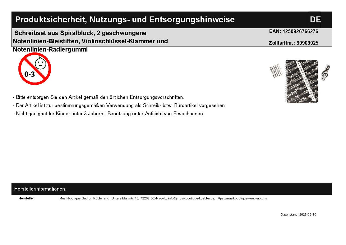 Writing set consisting of a spiral notebook, 2 curved staff pencils, treble clef clip and staff eraser