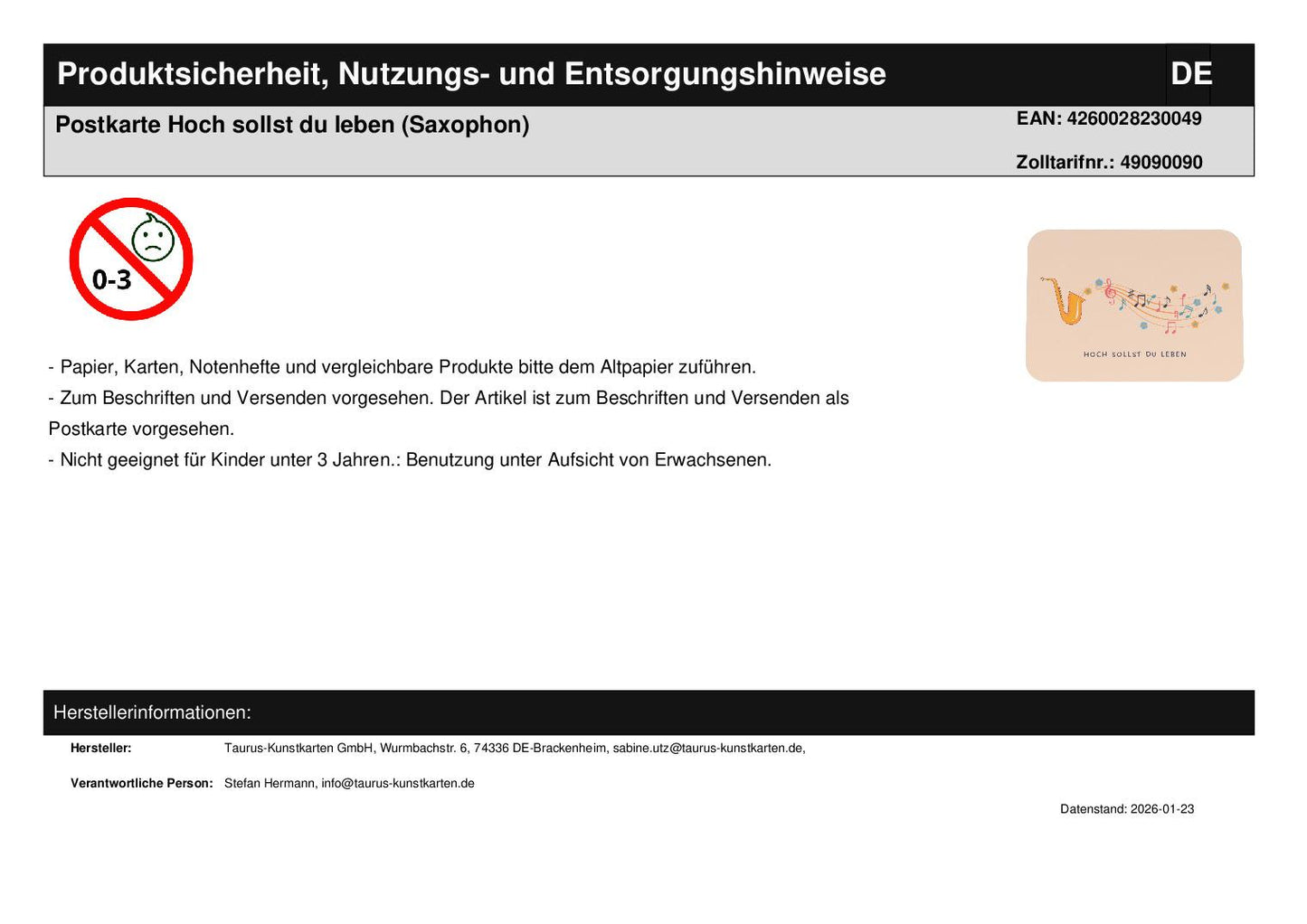 Postkarte Hoch sollst du leben (Saxophon)