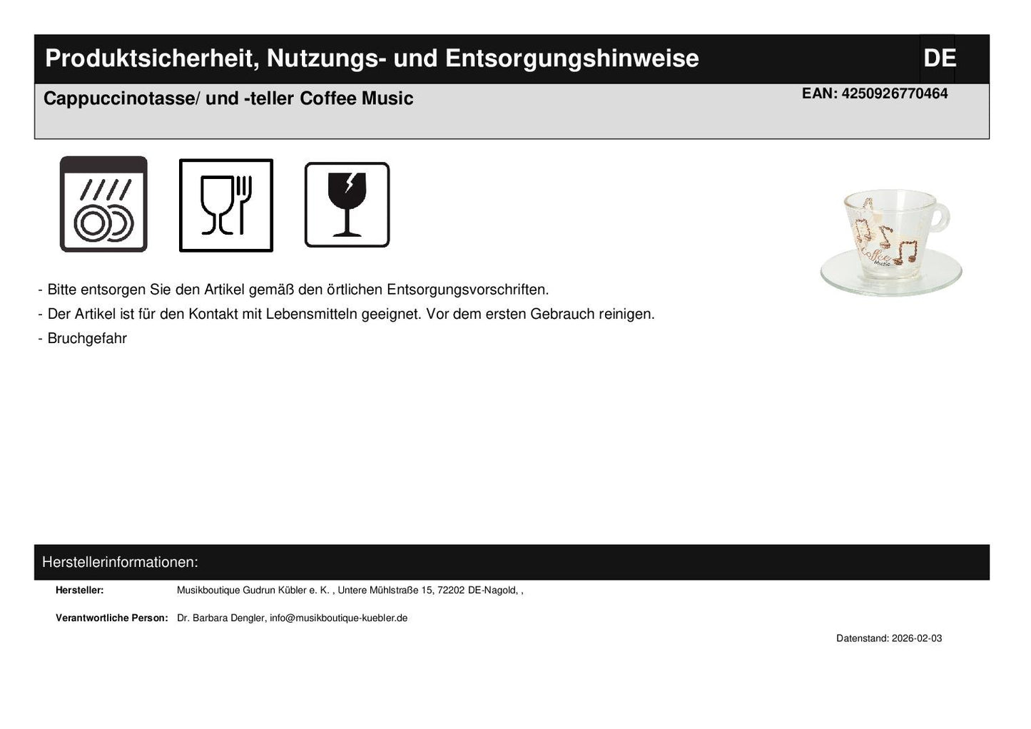 Cappuccinotasse/ und -teller Coffee Music