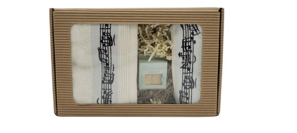 musikalisches Geschenkset mit Gästehandtuch, Waschhandschuh und Mini-Seife im Geschenkkarton