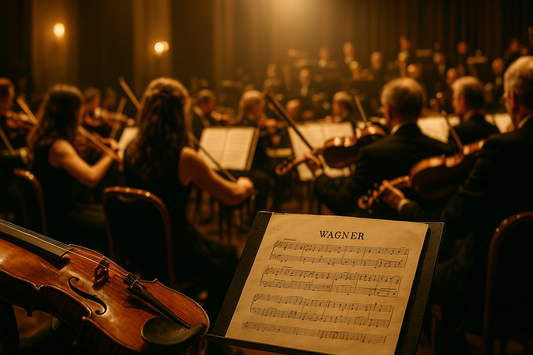 Orchester im goldenen Licht mit Wagners Partitur – Symbol für die bekanntesten Werke von Richard Wagner.