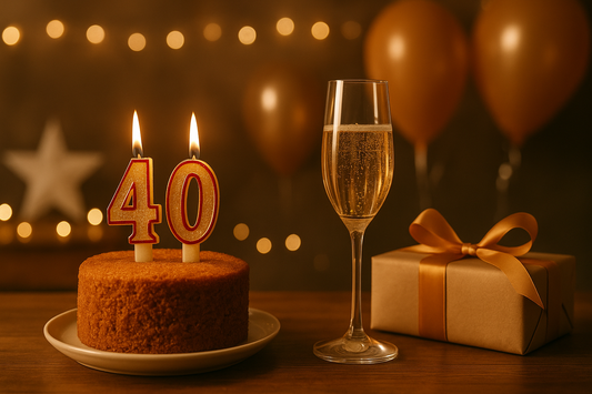 Kuchen mit Kerzen und Sektglas auf Geburtstagstisch – Symbol für herzliche Glückwünsche zum 40. Geburtstag.