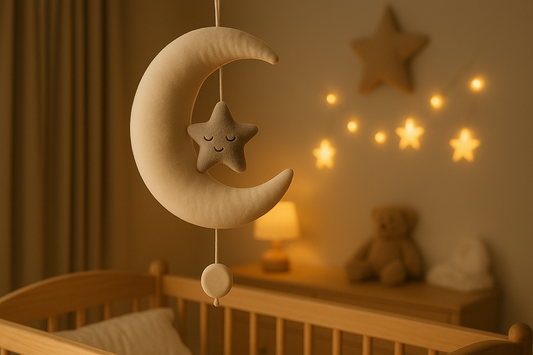 Spieluhr in Mondform über Babywiege – Symbol für ausgefallene, liebevolle Spieluhren für Babys.