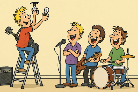 Cartoon von Musiker der eine Glühbirne wechselt
