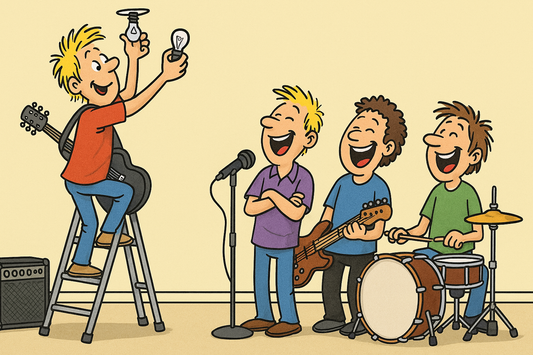 Cartoon von Musiker der eine Glühbirne wechselt