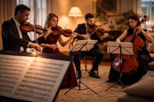 Kammermusikensemble mit Streichinstrumenten spielt ein klassisches Konzert in einem privaten Raum.