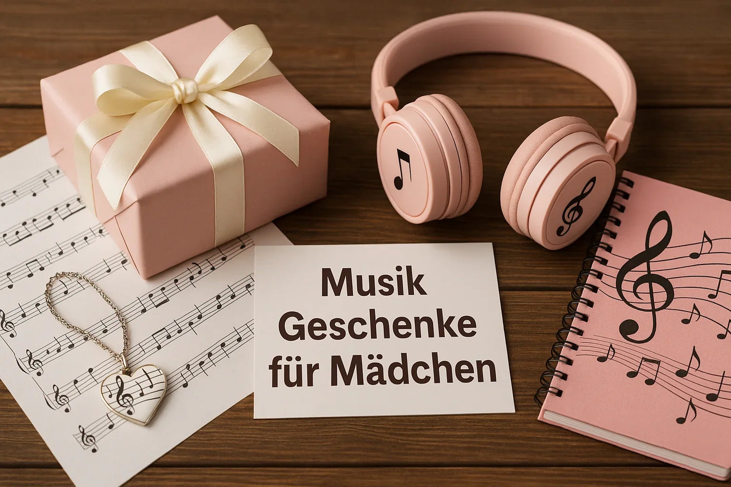  Auf einem Holztisch liegen ein rosa Geschenk mit Schleife, rosafarbene Kopfhörer mit Notensymbol, ein Musik-Notizbuch, ein Herzanhänger mit Noten und ein Schild mit der Aufschrift „Musik Geschenke für Mädchen