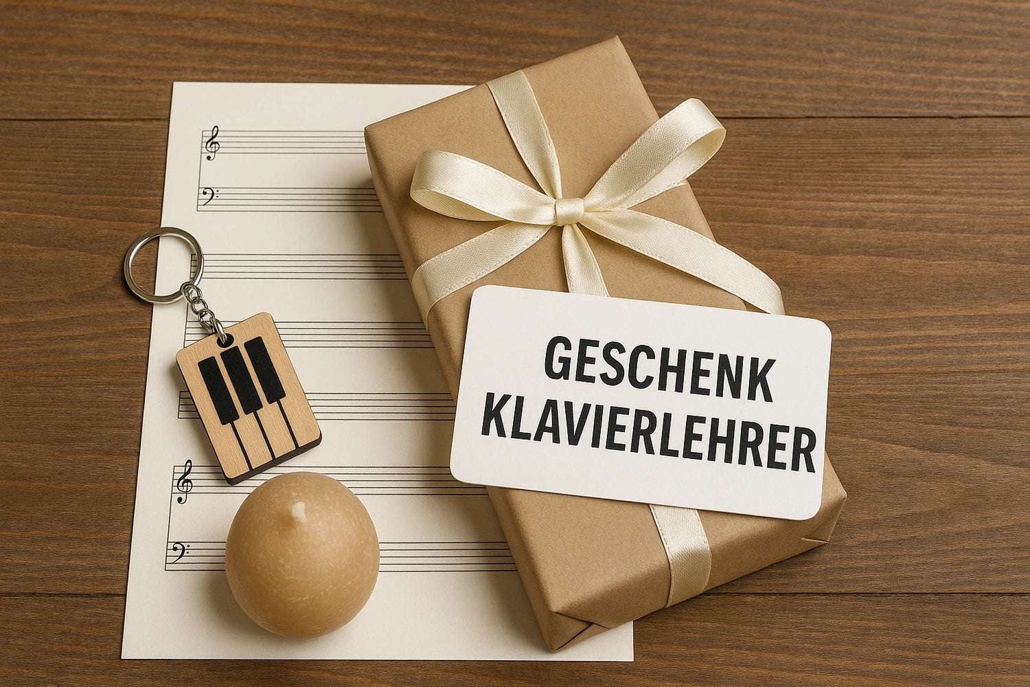 Auf einem rustikalen Holztisch liegt ein Geschenk mit cremefarbener Schleife auf Notenpapier, daneben ein Klavier-Tasten-Schlüsselanhänger, eine runde Kerze und eine Karte mit der Aufschrift „Geschenk Klavierlehrer