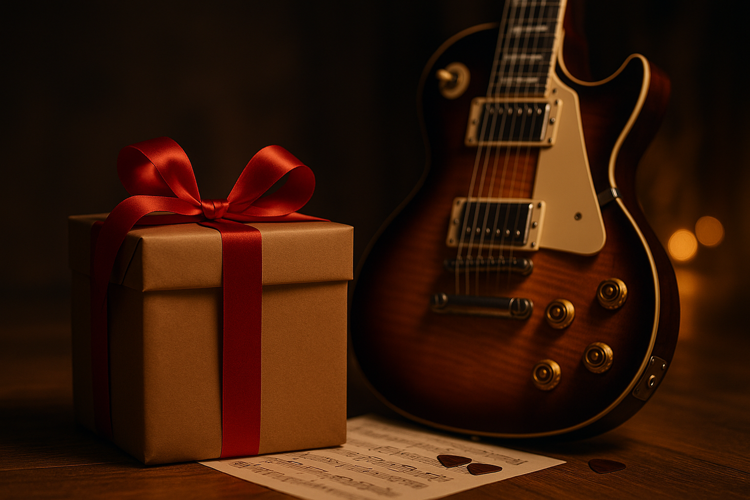Fotorealistische Aufnahme einer edlen E-Gitarre neben einer Geschenkbox mit rotem Band auf Holzboden, umgeben von Notenblatt und Plektren, warm beleuchtet – symbolisch für kreative Geschenke für Gitarristen.
