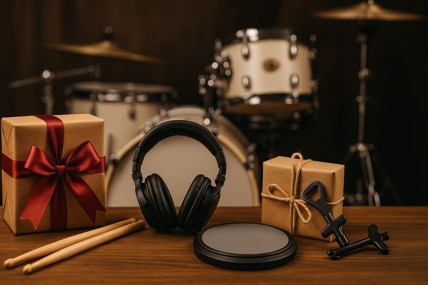 Geschenkideen für Schlagzeuger – stilvolle Auswahl mit Drumsticks, Kopfhörer, Übungspad und Drum-Key vor einem Schlagzeug, perfekt als kreatives Musiker-Geschenk