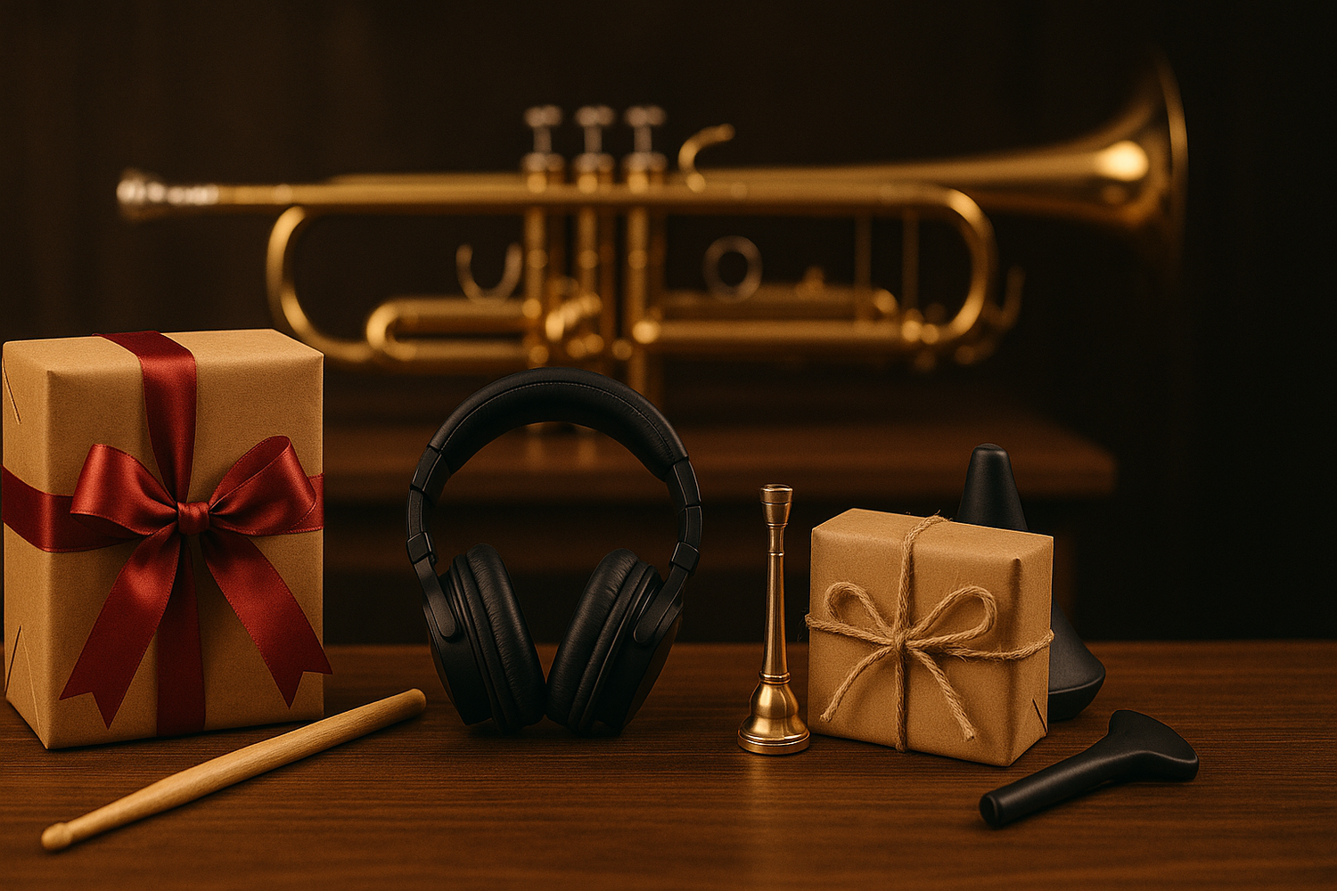 Geschenkideen für Trompeter – edle Auswahl mit Trompete, Kopfhörer, Mundstück und Dämpfern auf Holztisch, perfekt als kreatives Musiker-Geschenk