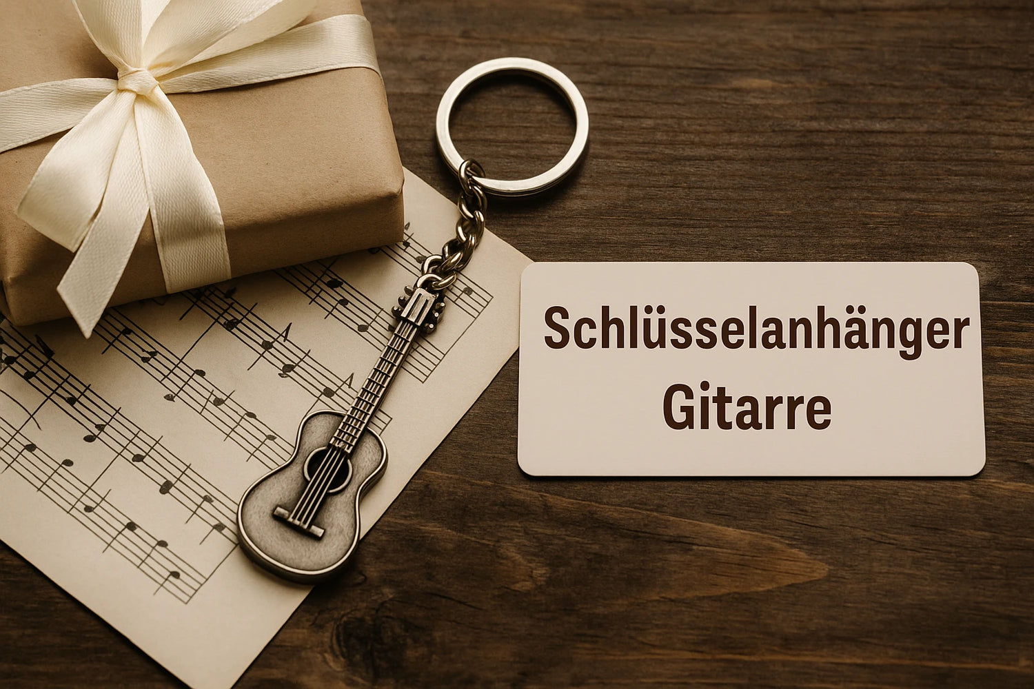 Auf einem Holztisch liegen ein verpacktes Geschenk, ein Gitarren-Schlüsselanhänger auf Notenpapier und eine Karte mit der Aufschrift „Schlüsselanhänger Gitarre