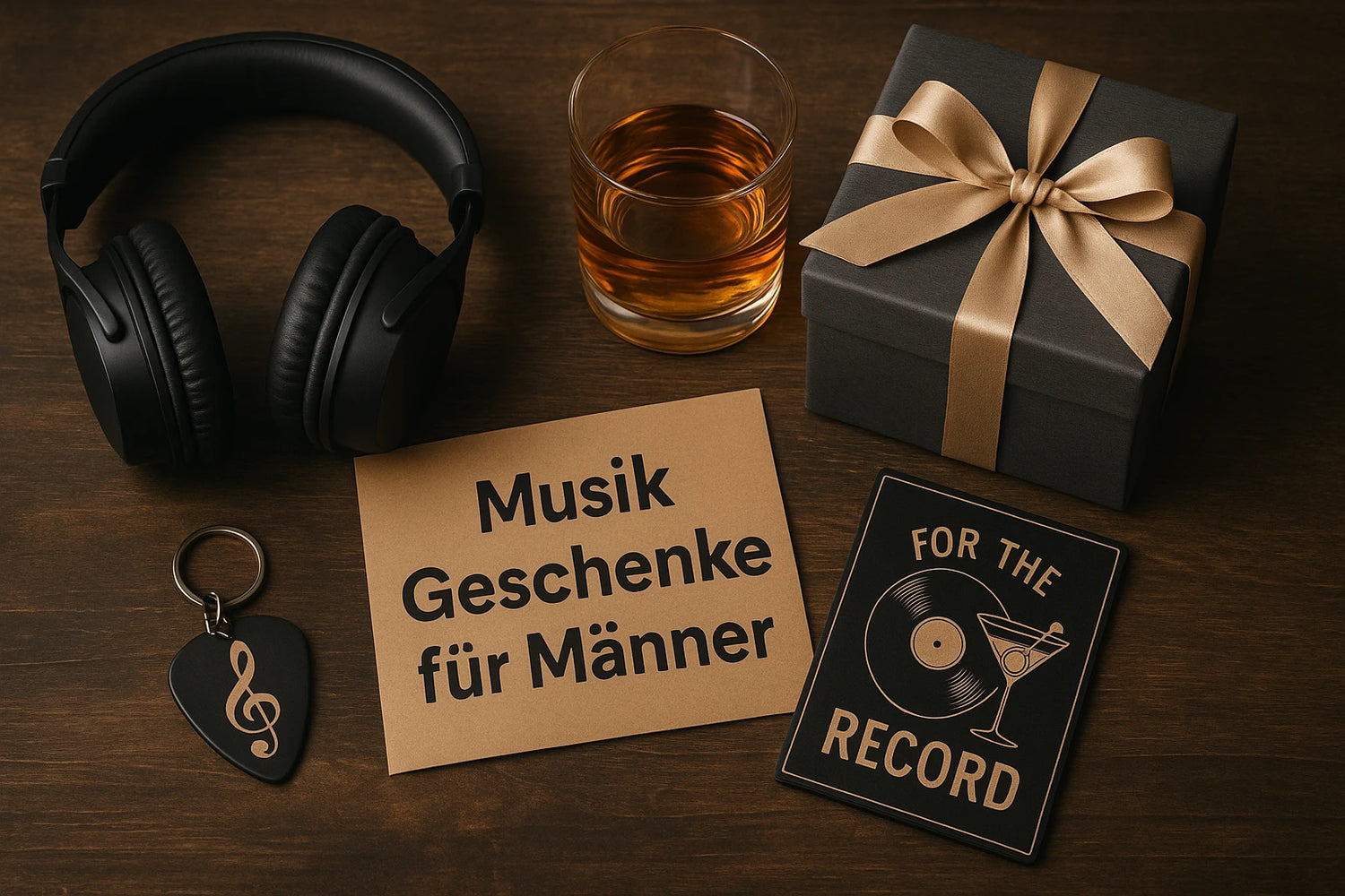 Auf einem dunklen Holztisch liegen ein schwarzes Geschenk mit goldener Schleife, Kopfhörer, ein Whiskeyglas, ein Noten-Schlüsselanhänger, eine Karte mit „Musik Geschenke für Männer“ und ein dekoratives Schild mit Plattenspieler-Motiv.