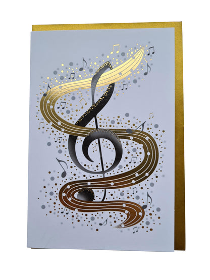 Double card treble clef with golden music ribbon