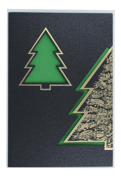 Doppelkarte Weihnachtsbaum mit Notenlinien, grün-gold